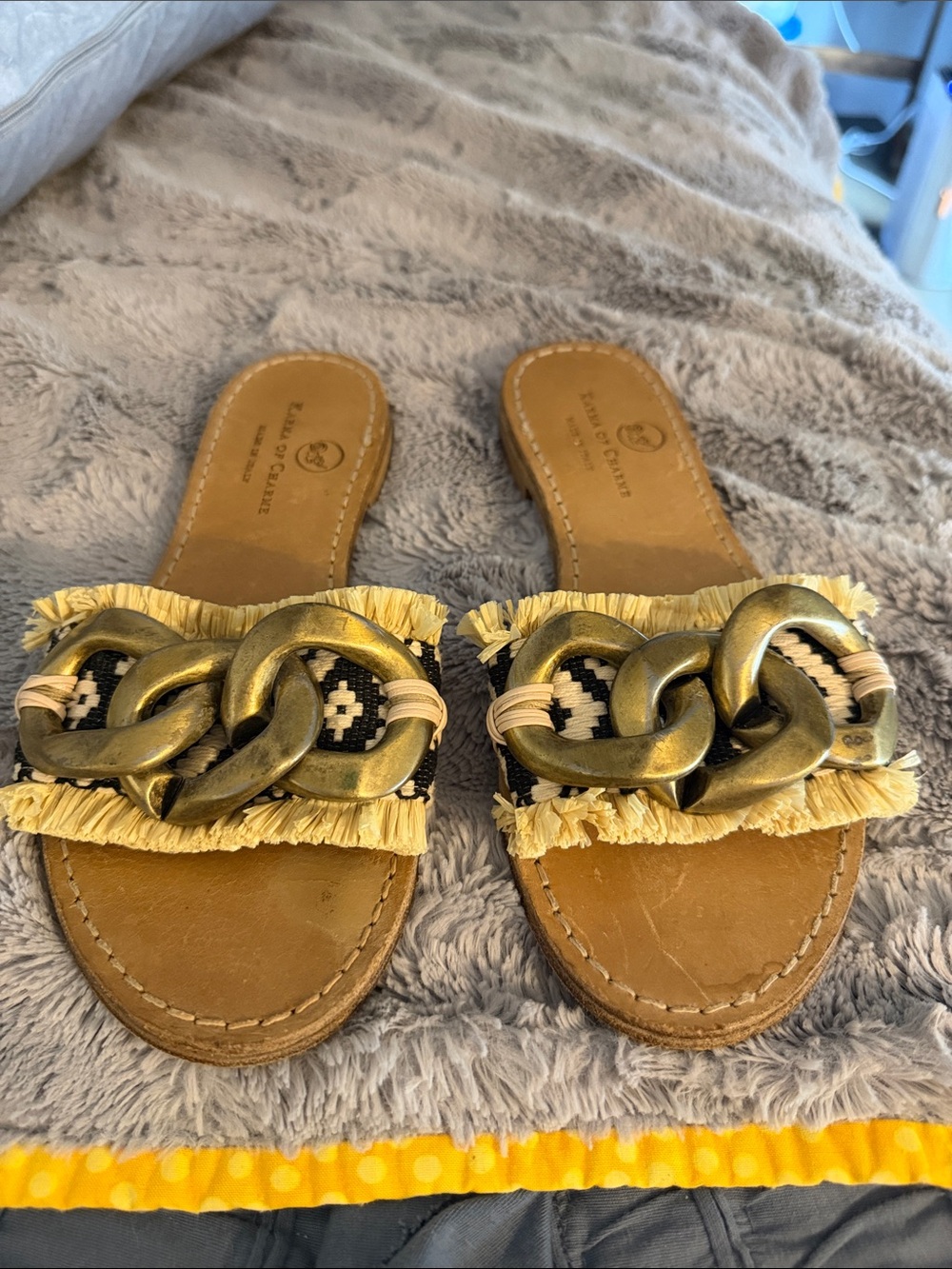 Fringed Yellow Slide Sandals with Antique Gold Chain Detail